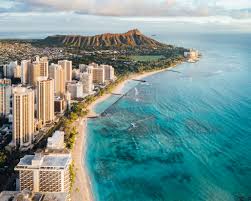 Aerial view of Waikiki Beach and Diamond Head in Honolulu